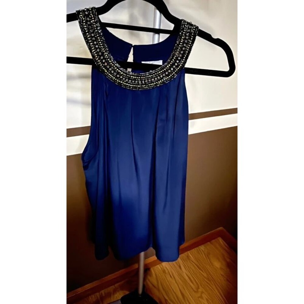 Joie 100% Silk Embellished Blouse Navy Blue Beaded Halter Neck Tank Top Size L
